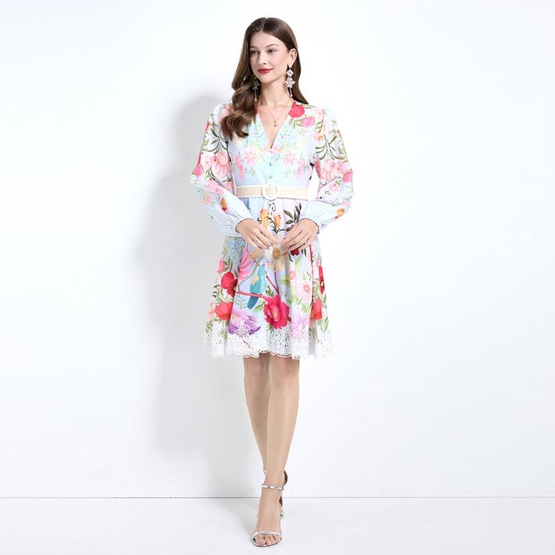 Spring Autumn Women V-neck Print Lace Patchwork Mini Short Chic Beach Holiday Dresses With Belt