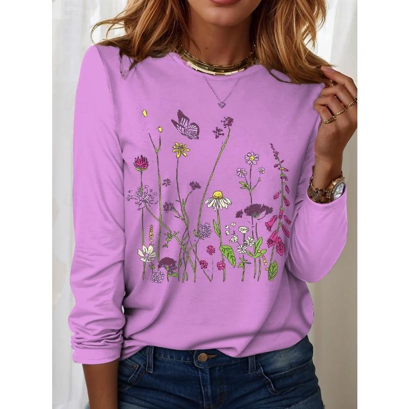 Easter Women's T shirt Long Sleeve Crew Neck Floral Graphic Plants Vintage Stylish Classic Round Neck Regular Tops
