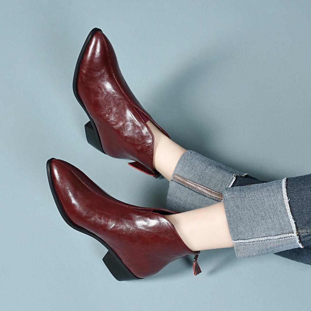 

Женские остроносые короткие ботинки осень-зима новые ретро низкий каблук задняя молния кожаные ботинки простые и тонкие женские хлопковые ботинки 39