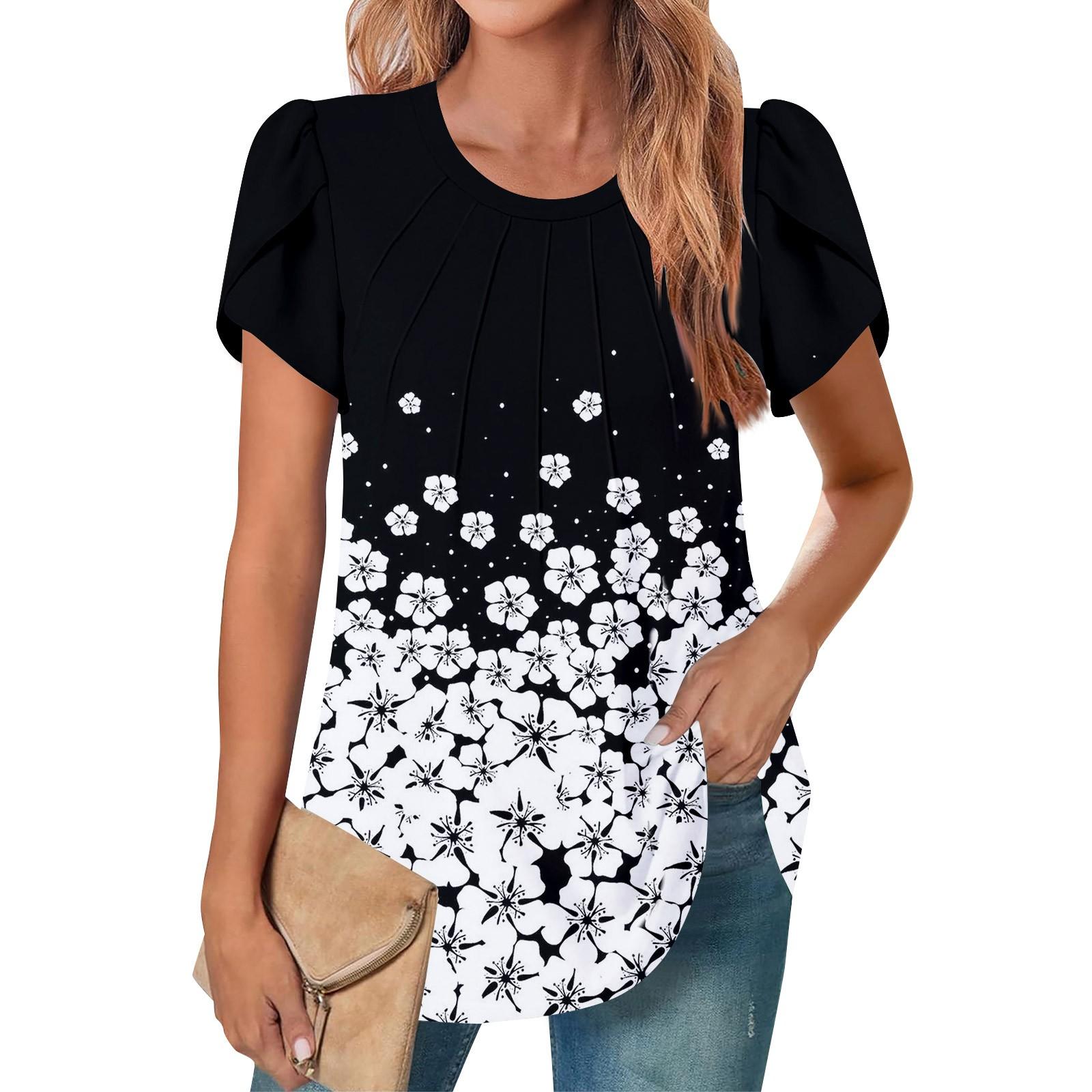 

Женский повседневный топ с круглым вырезом и коротким рукавом, с плиссировкой и расклешенными рукавами, с цветочным принтом XXXL чёрный