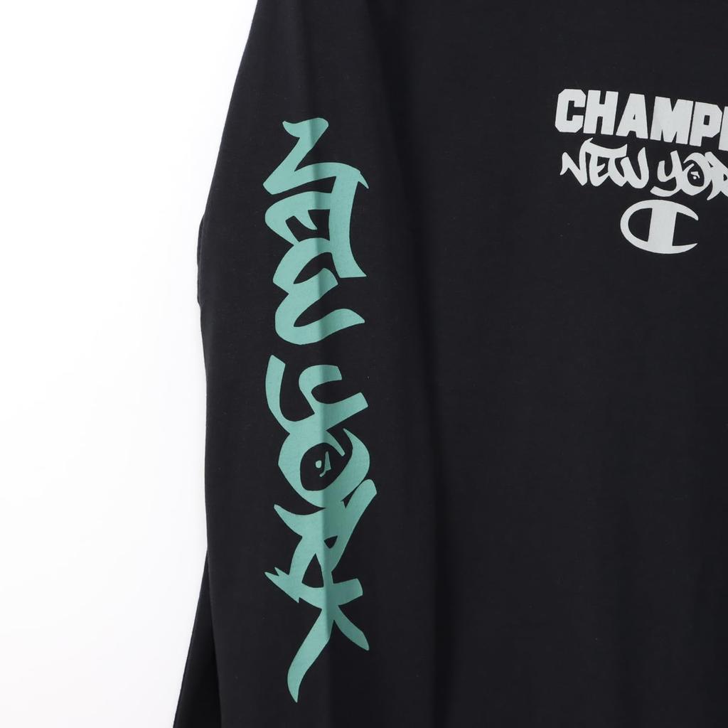 Champion Long Sleeve Crew Graphic Logo Print Men's T-Shirt, Basic, C3-Z411, Black, 100% Cotton, Neck,