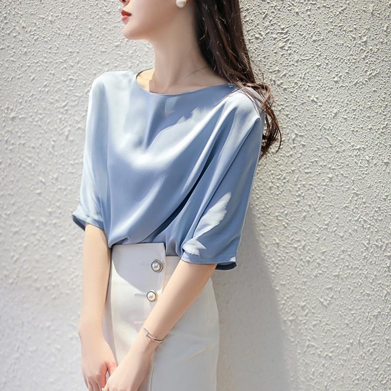 Korean Style Satin Three-Quarter Sleeve Women's Slimming Top