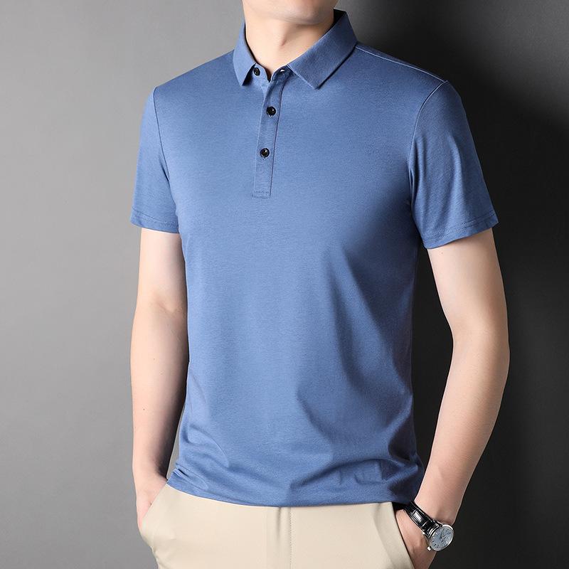 Summer Young Men's Half-sleeved Mulberry Silk Lapel Short-sleeved Polo Shirt Casual Solid Color Short-sleeved Men's T-shirt