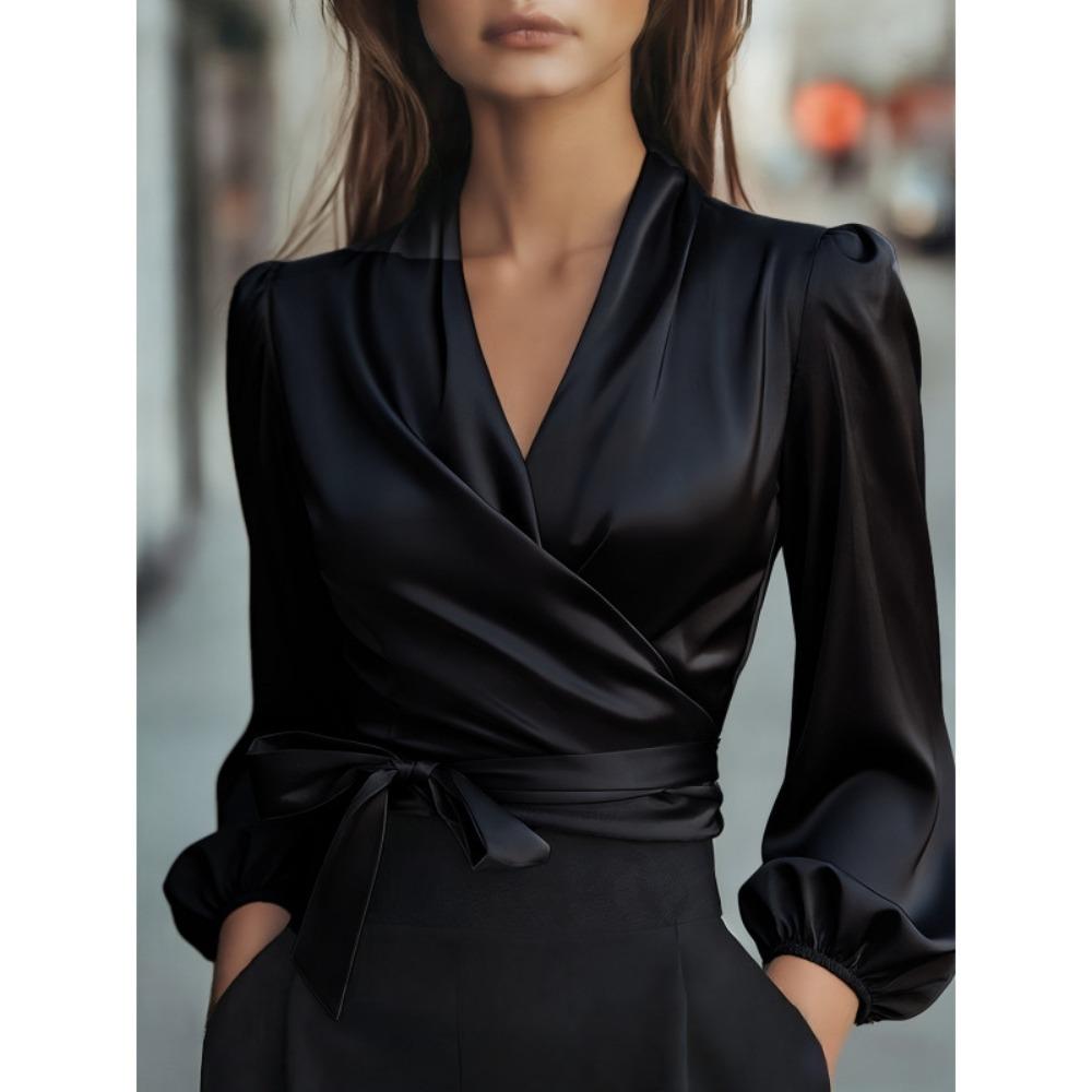Women's V Neck Long Puff Sleeve Satin Wrap Blouse Self Tie Waist Elegant Office Crop Shirt