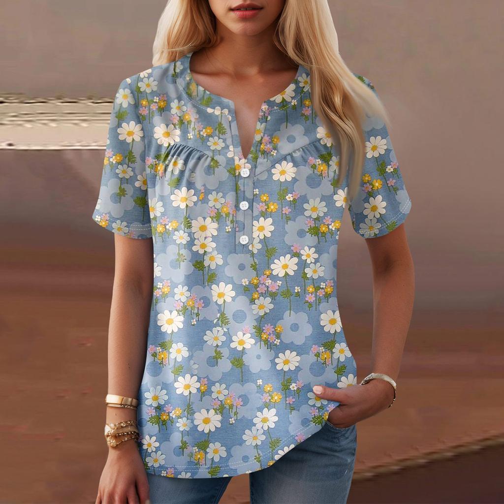 Damen-T-Shirt mit lässigem Blumendruck, V-Ausschnitt, kurzen Ärmeln und dekorativen Knöpfen