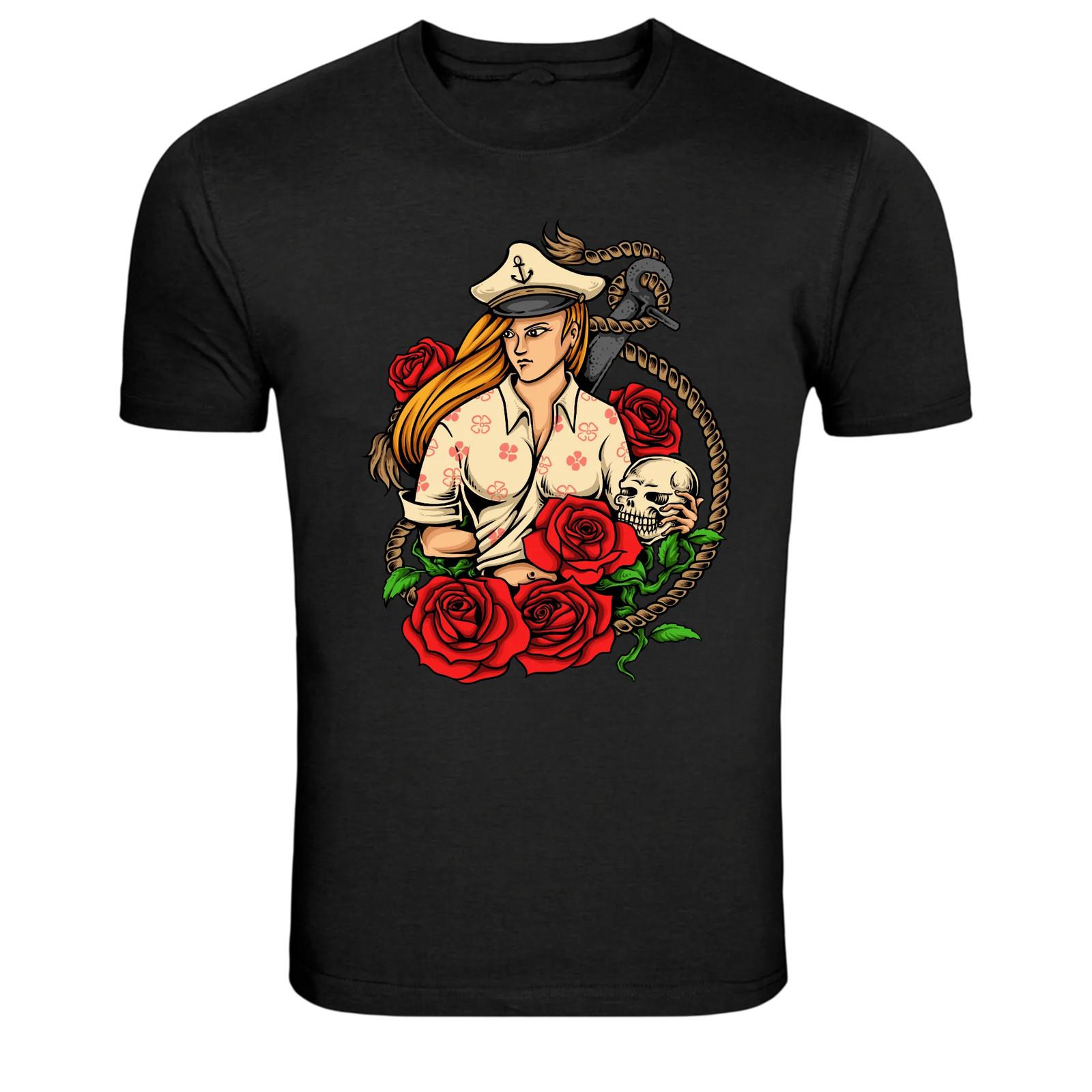 Vintage Sailor Girl Roses Anchor Graphic T-Shirt M