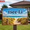 2D Flat, 1pc Coastal Beach Metal Sign Wall Art, Tsee-Li Text, Sandy Path, Rope Fence, Dune Grass, Blue Ocean, Sunny Clouds, Home Decor, Ideal for Pati