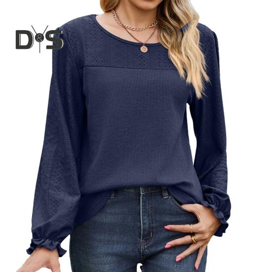 Women Tops Round Neck Puff Long Sleeve Solid Color Tee Shirt with Waffle Decoration Solid Color Loose Fit T-shirt
