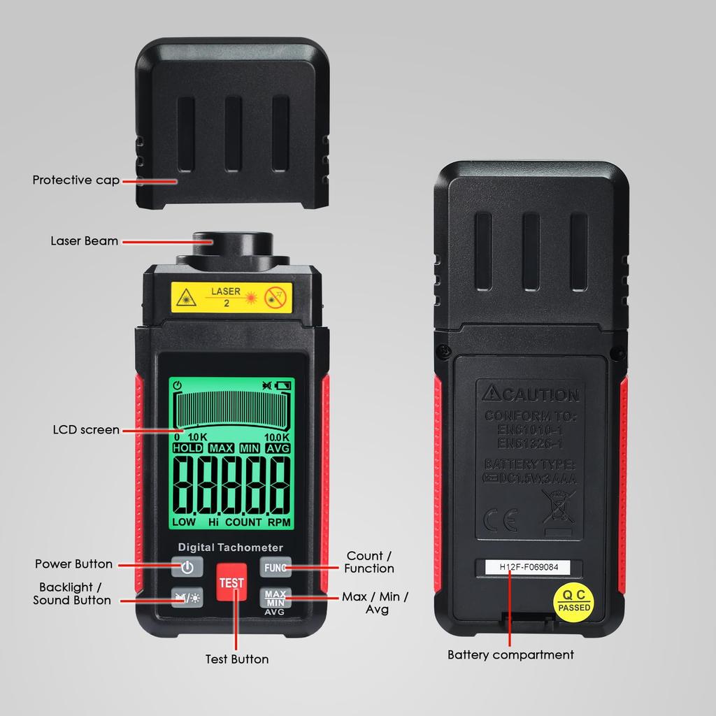 Digital Tachometer with Two Measurement Laser Photoelectric LCD Reflective Tape for and DIY Applications Non-Contact Modes, 10-99999 RPM,