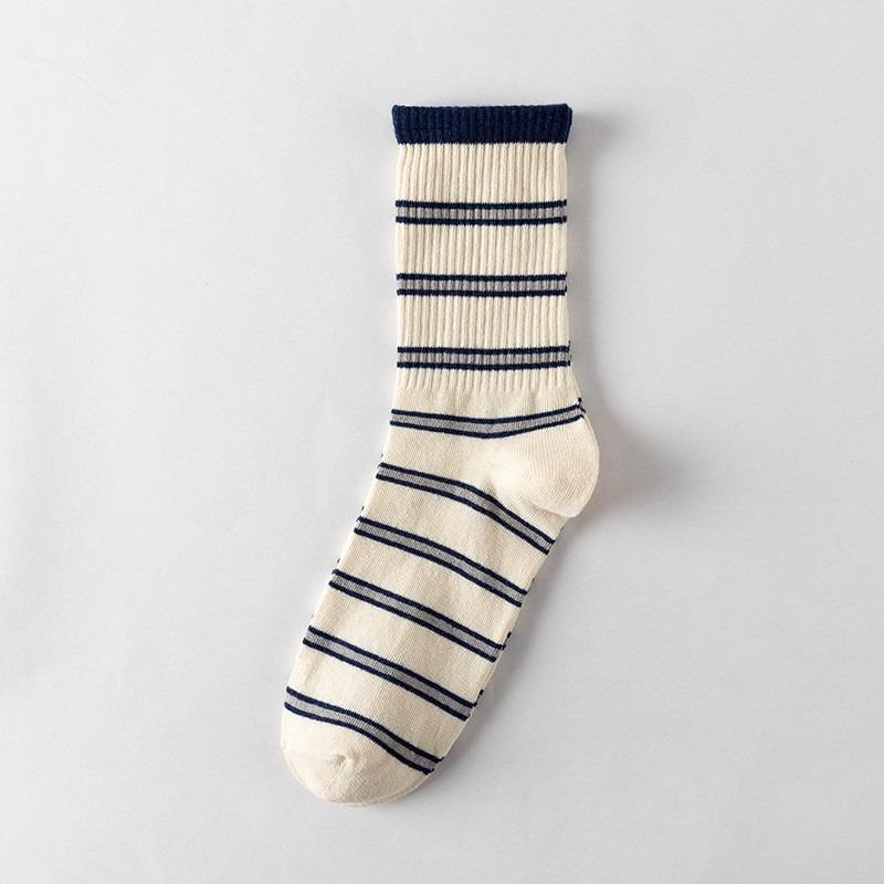 5 Pairs of Men's and Women's Spring Fashion Solid Color Sports Striped Mid Tube Cotton Socks