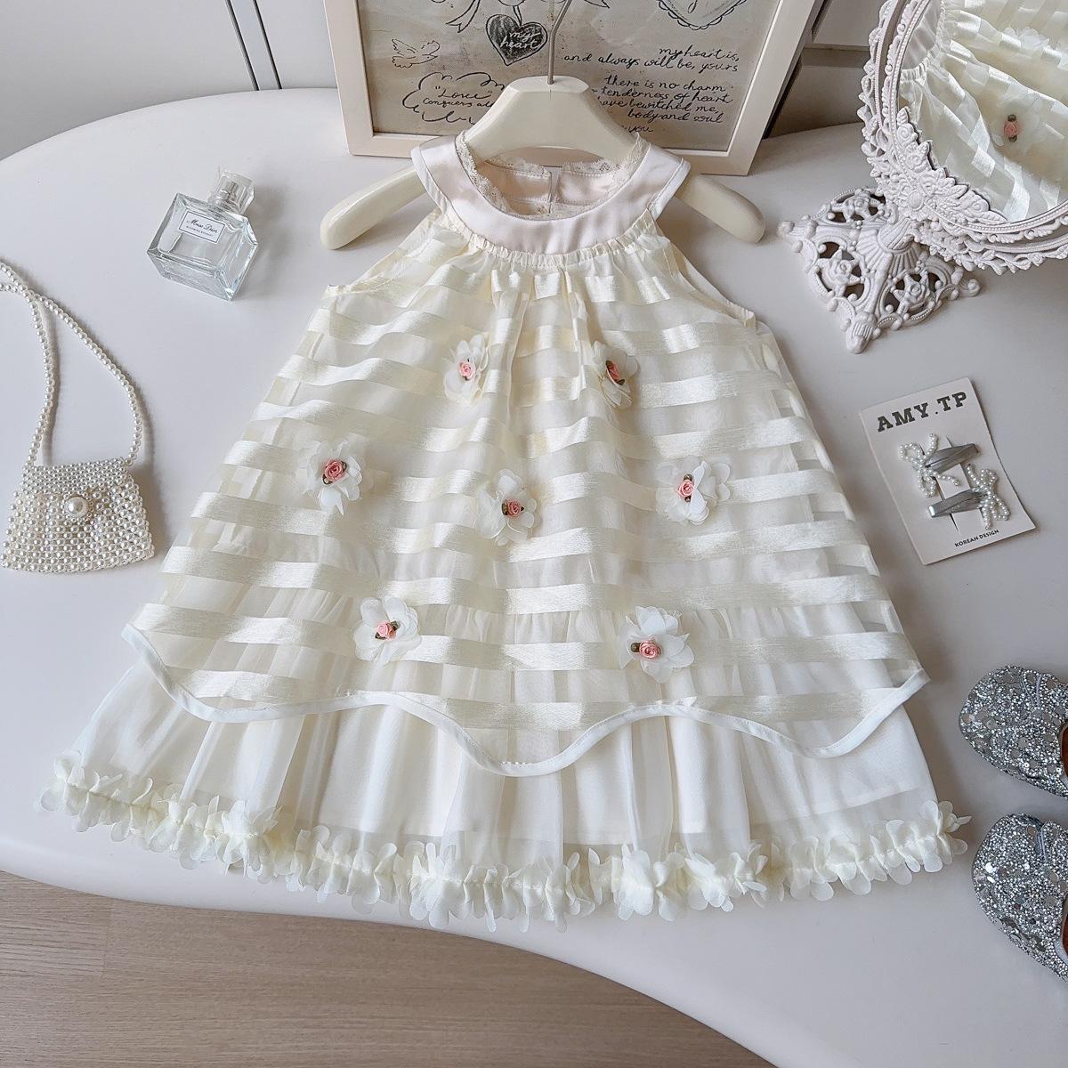Summer Girls Halter Neck Dress With 3D Flowers Sleeveless Princess Party Dress For Kids 90cm