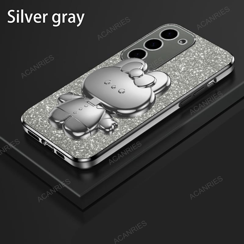 Cute 3D Rabbit Makeup Mirror Stand Plating Case For Samsung Galaxy S23 Ultra S22 Plus 5G S21 S20 FE Protect Back Cover S 23 22