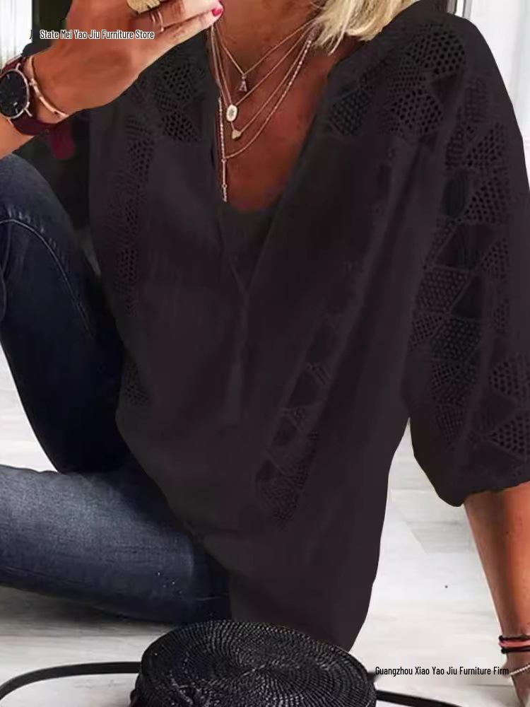 2026 Women's European & American Lace Hollow U-Neck Three-Quarter Sleeve Shirt