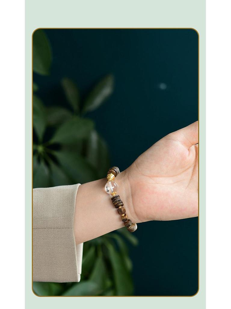 Yingge Qi Nan Agarwood Bracelet with Amber and 925 Silver Spacer (No Artificial Oil Injection)