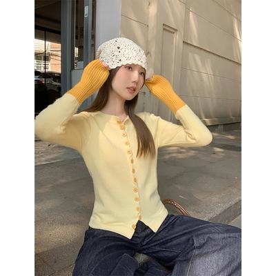 Light Yellow Chic Patchwork Knitted Cardigan Women's New Autumn and Winter Slim Sweet Spicy Long Sleeve Coat Top