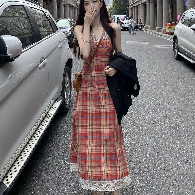 Sukienka bez rękawów w czerwoną kratę damska Midi Harajuku Hotsweet letnia koronkowa sukienka Spaghetti dla pań sukienka retro z wysokim stanem