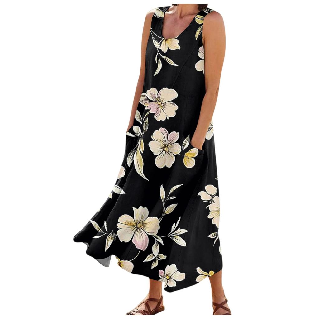 Women's Fashion Summer Casual Sleeveless Floral Printed Small Pocket Dresses