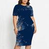 Women Plus Size Round Neck Short Sleeve Printed Navy Blue Asymmetric Top Fitted Skirt Two Piece Set