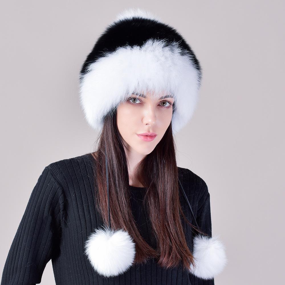 Winter hat, female fox fur, leather straw hat, knitted thickened wool hat, sweet and cute, ear protectors to keep warm