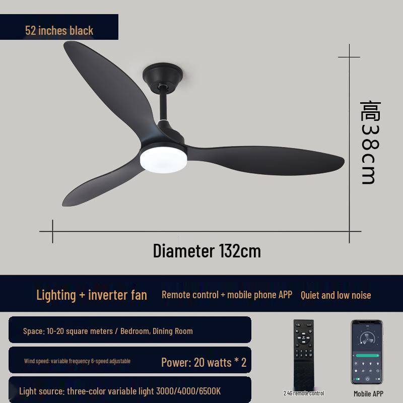 42/52-Inch Three-Blade Large Ceiling Fan Light for Bedroom, Dining, and Living Room