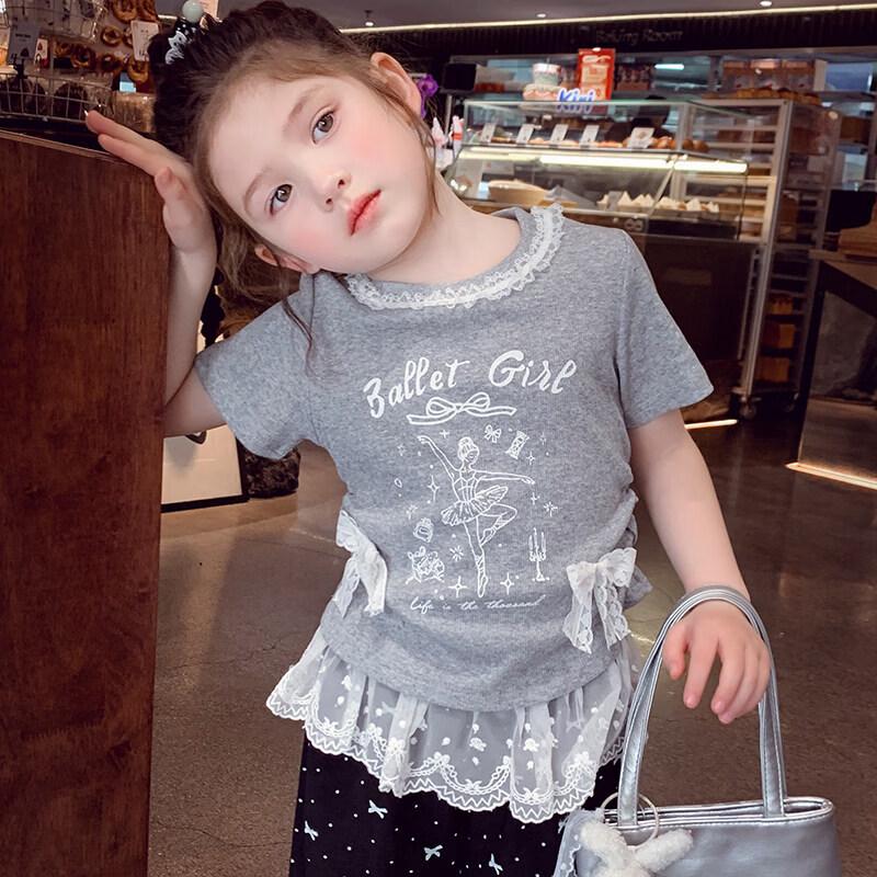 MIMIHELLO Girls  Ballet Style Lace Short-Sleeve T-shirt 120