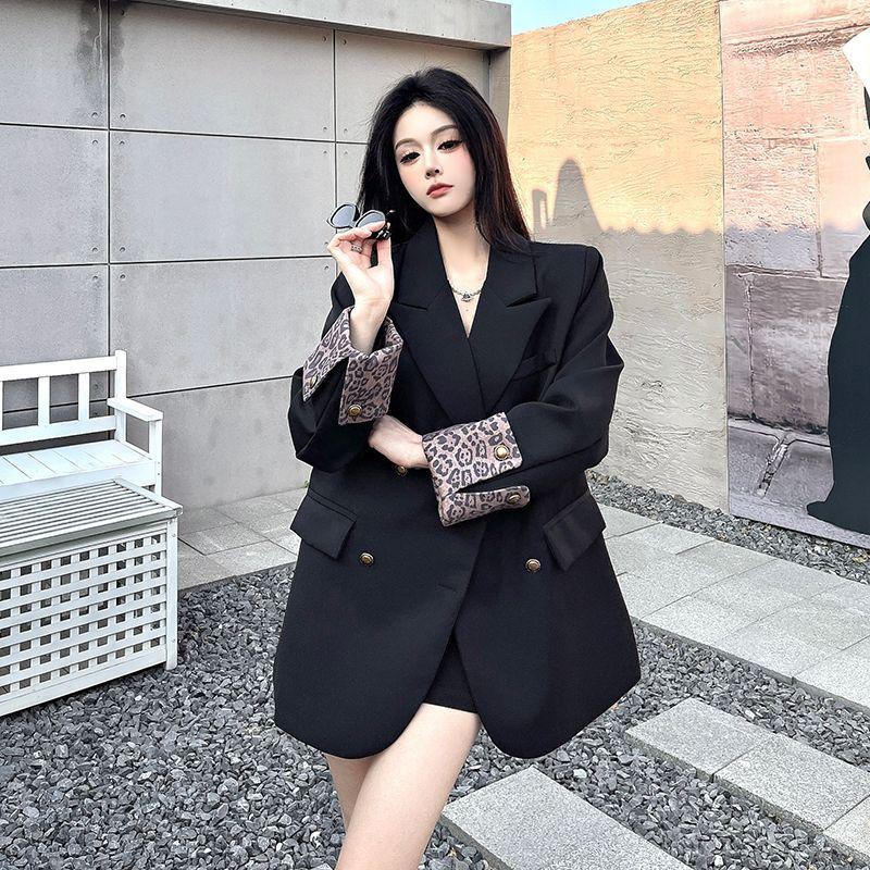 Spring and Autumn Women Long Sleeve Blazer Coat Niche Leopard Patchwork Loose Temperament Padded Shoulder Casual Suit Outerwear