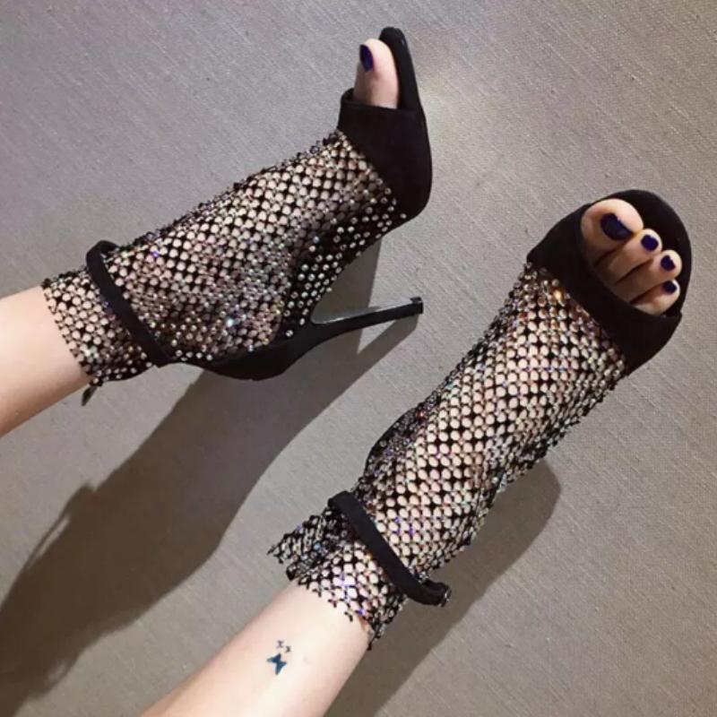 Sandali sexy alla moda con rete di diamanti d'acqua glitterati, stivaletti con cinturino alla caviglia, décolleté con punta aperta e bocca di pesce