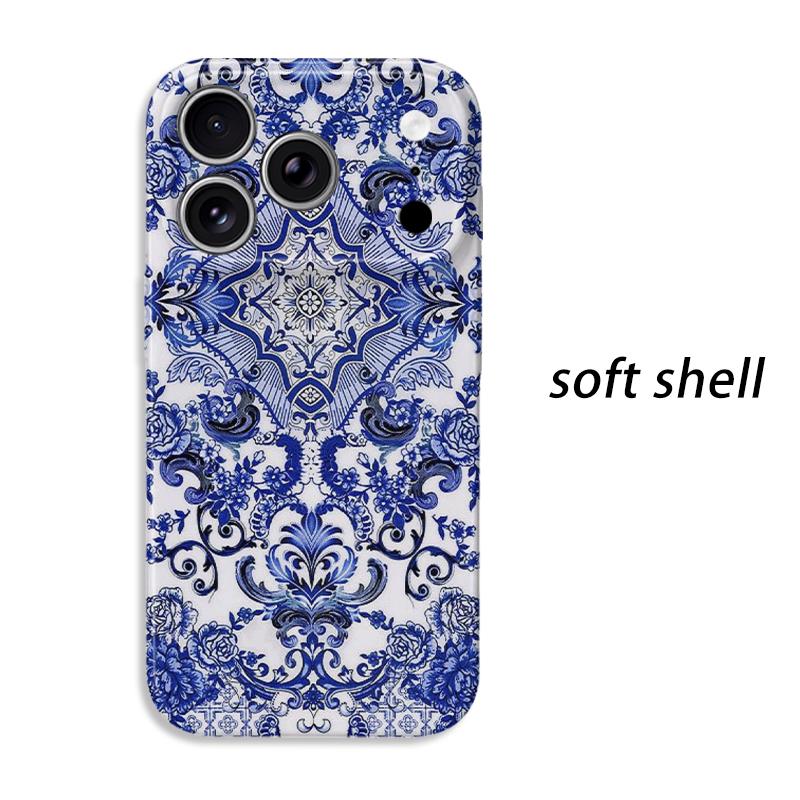 Porcelain Blue Stylized Floral Pattern Art Graphic Design Film Aesthetic Protective Shockproof Bumper Phone Case Cover For iPhone 14 15 16Pro Max Plus