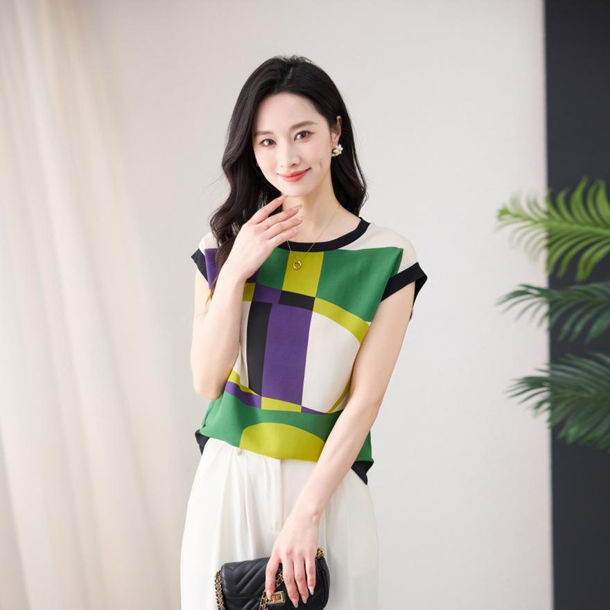Printed mulberry silk short-sleeved t-shirt  new fashion design loose silk shirt top women
