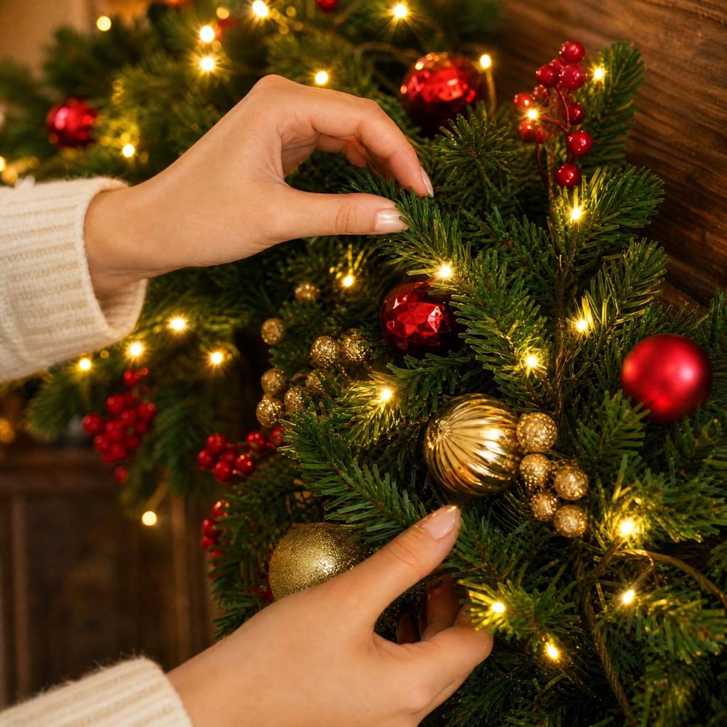 Christmas Garland with Lights, Red and Gold Ball Ornaments, Artificial Branches with Red Berries for Fireplace Mantel Door Decor