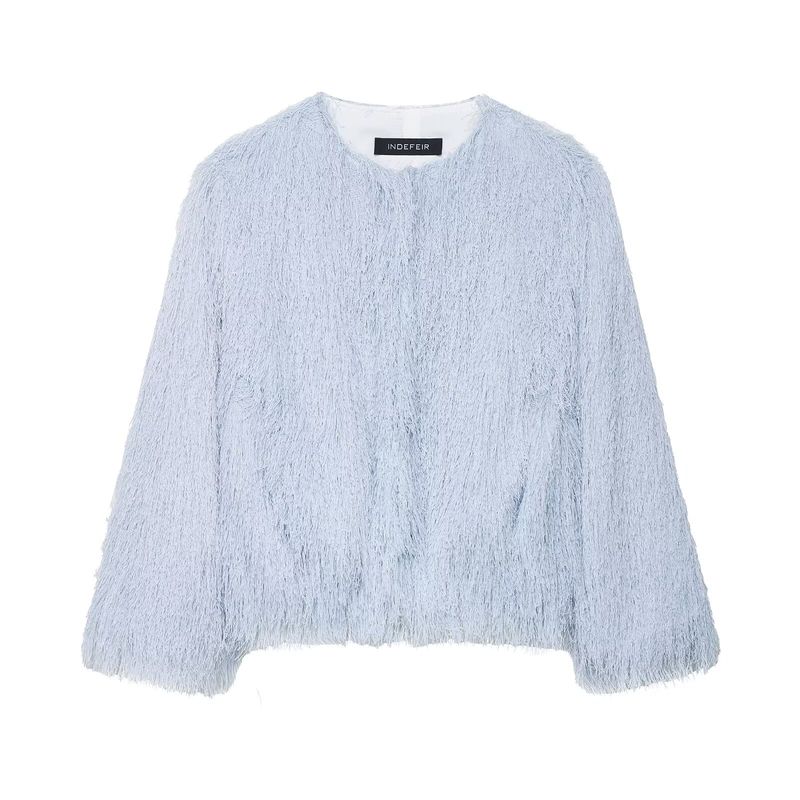 Za New Autumn and Winter Women's Clothing European and American Style Light Blue Round Neck Tassel Jacket 8376857 406