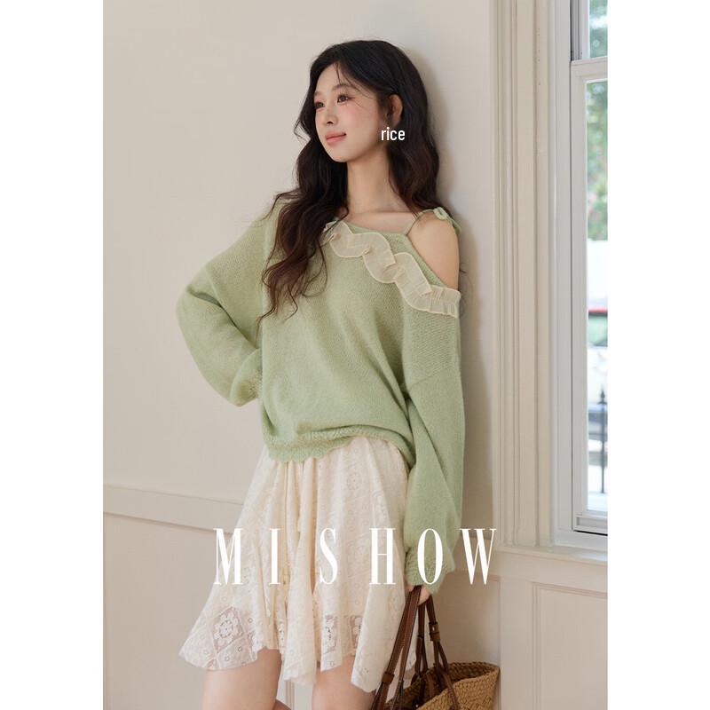 Women s Loose Off-Shoulder Knit Top with Contrast Lace Trim M