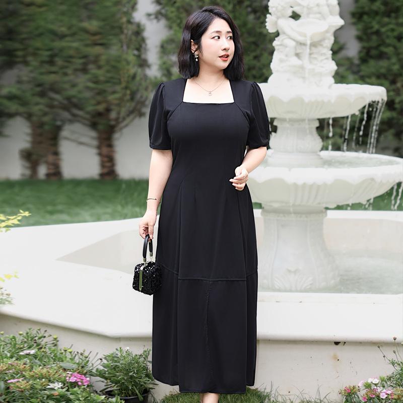 Plus Size Women's Summer Square Neck Simple Split Slim Medium Long Dress