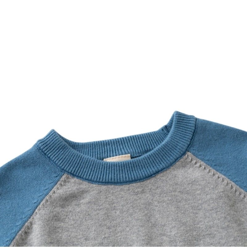 Boys' Thin Sweater for Autumn and Winter, Children's Raglan Sleeve Base Shirt, Baby Boy's Round Neck Color-Blocked Knitwear