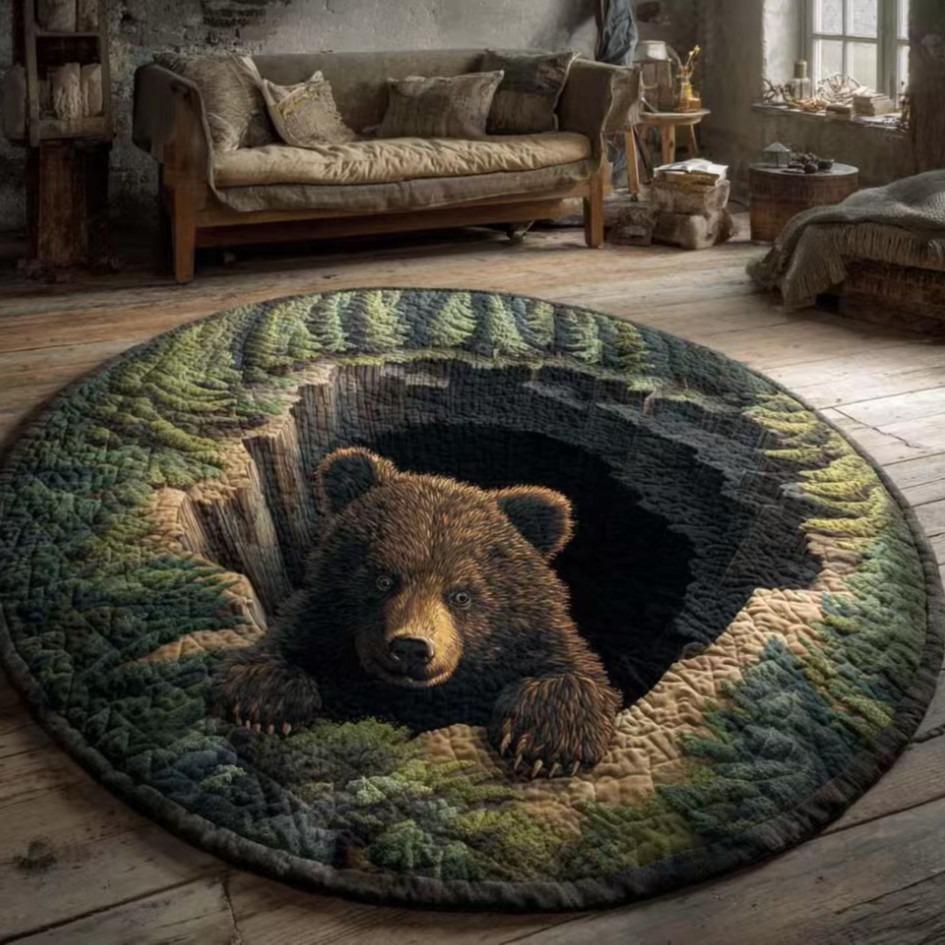 Tappeto Grotta dell'Orso 3D Tappeto Circolare Orso Bruno Realistico con Texture di Pietra Un Pezzo da Pavimento Avventuroso e Artistico per gli Amanti della Natura
