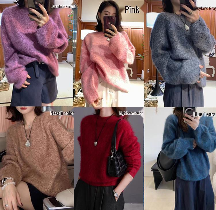 Women's Heavyweight Brushed Wool Pullover - Cozy, Heathered Yarn, Loose Fit, Round Neck, Versatile Knitwear for Autumn/Winter