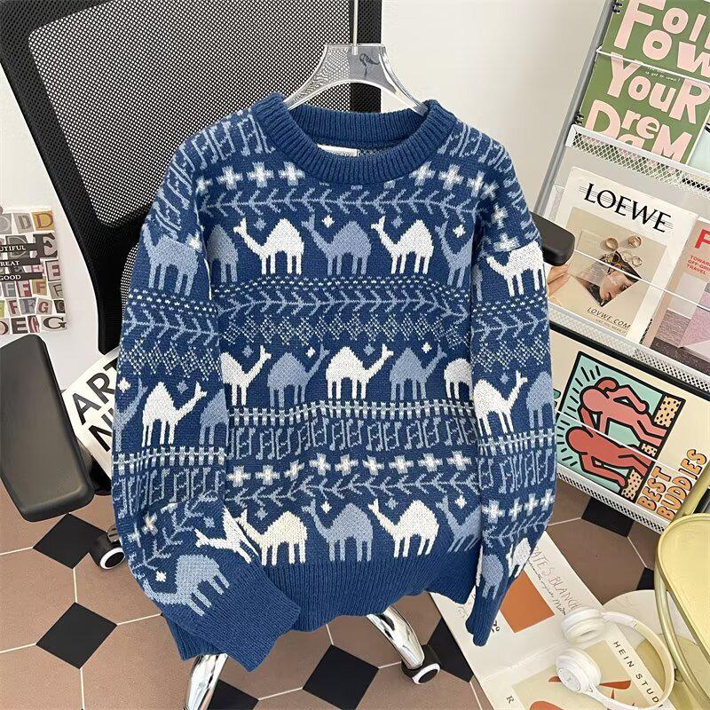 Pull Lâche Tricoté Style Japonais Rétro pour Homme, Col Rond Laineux Décontracté pour l'Automne et l'Hiver