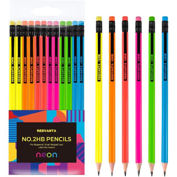 Pre-Sharpened Pencils #2 Neon Pencils for Kids Fun Number 2 Pencil with Erasers for School, Office, Writing, Drawing, 12 Count