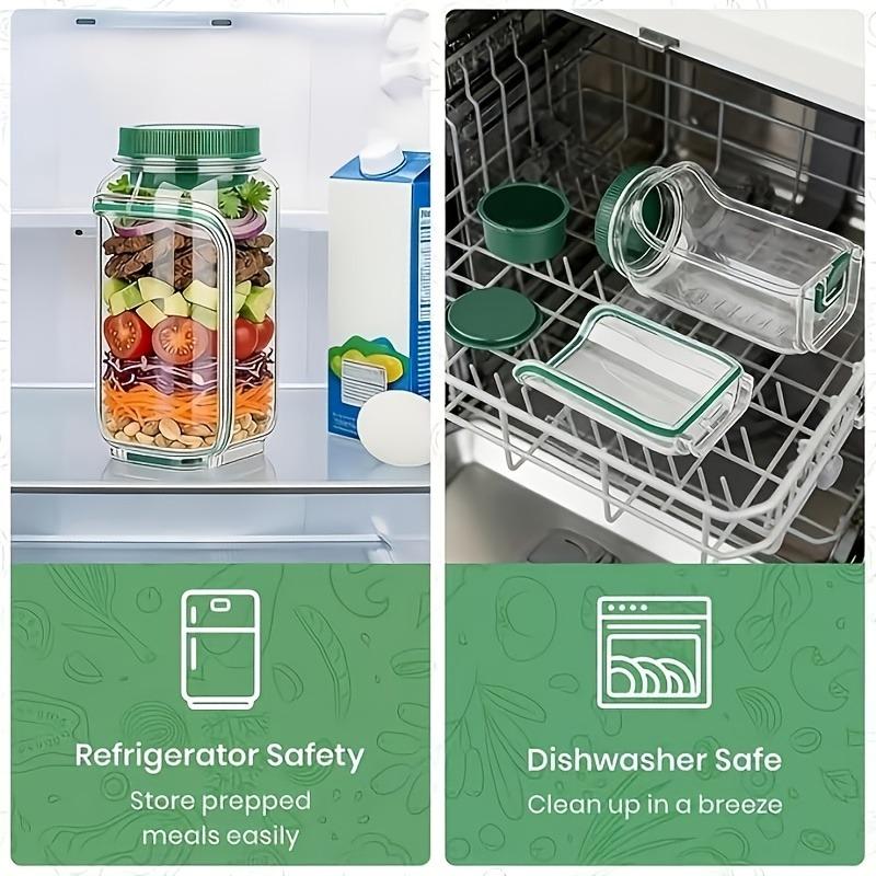 Tragbares Salatglas mit seitlichem Dressingbecher und sicherem Verschluss. Wird mit einem Löffel geliefert, ideal für Mahlzeiten unterwegs.