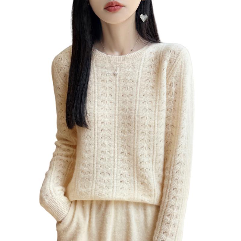 2026 Early Autumn Women's 100% Pure Wool Hollow Out Round Neck Loose Knit Top