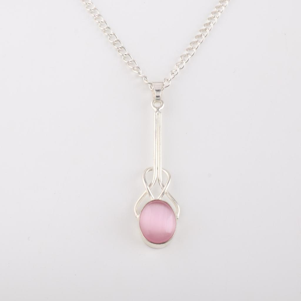 Pink Cat's Eye Gemstone 925 Sterling Silver Jewelry Pendant 1.79" Gift For Mom PP-60-49