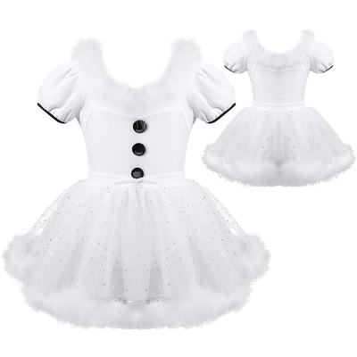 Girls Christmas Dance Dress Feather Trim Short Puff Sleeves Decorative Buttons Sequined Mesh Leotard Skating Costume