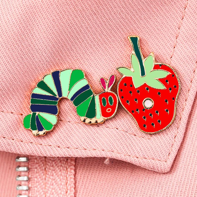 Funny Vegetable Worm Strawberry Drip Oil Brooch – Cartoon Fashion Metal Badge