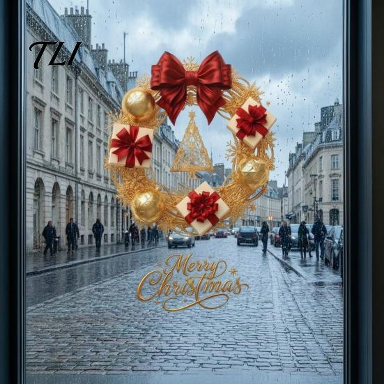 Seasonal Storefront Display Christmas Wreath Static Window Sticker, Decorative Decals for Glass Doors And Windows, Reusable Stickers Removable