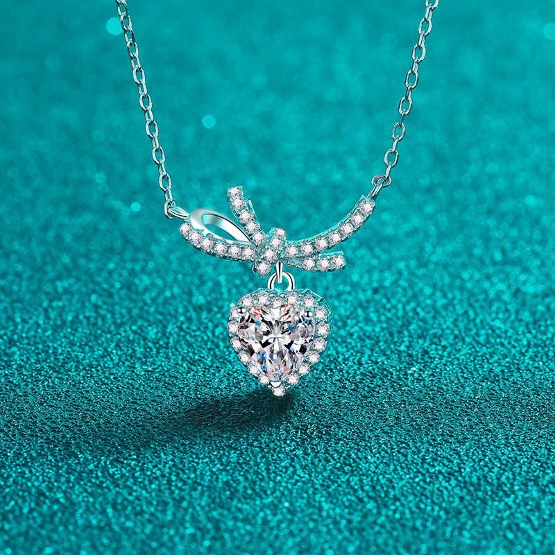 Sterling Heart Pendant Necklace With Bowknot Design Full CZ Zirconia Delicate Chain Women 925 Sterling Silver