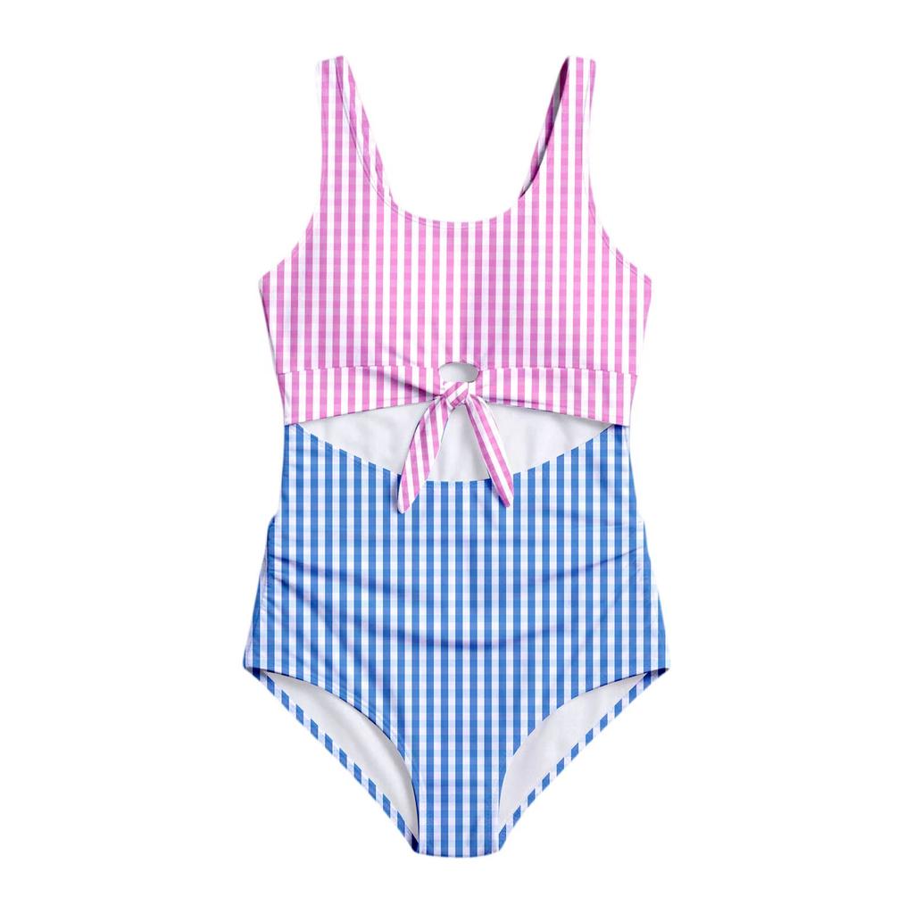 Mädchen Badeanzug Einteiler Cut Out Bindung Vorne Design Vichy Muster Tankini Stil Badebekleidung für Kinder Sommer Strand Pool