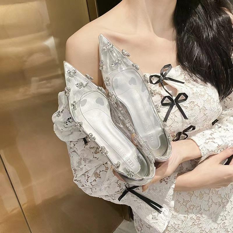 Fashion Women's Flat Shoes Spring New Pointed Head Shallow Mouth Crystal Buckle Soft Sole Anti-slip Wear-resistant Low-top Shoes