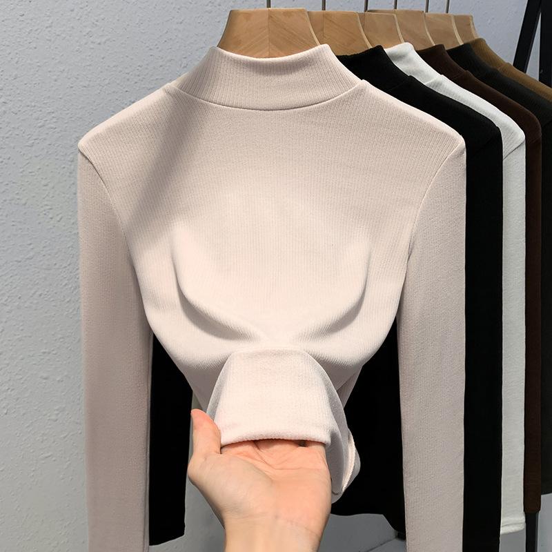 

Двухсторонняя потертая нижняя часть рубашки женская новая женская одежда темперамент воротник-стойка футболка с длинными рукавами теплый топ с внутренней стороны талии XL