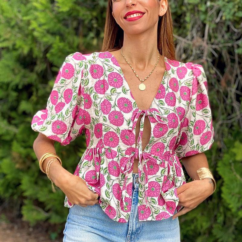 

Свободная рубашка с принтом, женская повседневная блузка с цветочным принтом и бантом на шнуровке, большой размер, короткий рукав, топ с V-образным вырезом, тонкая летняя куртка S розовый