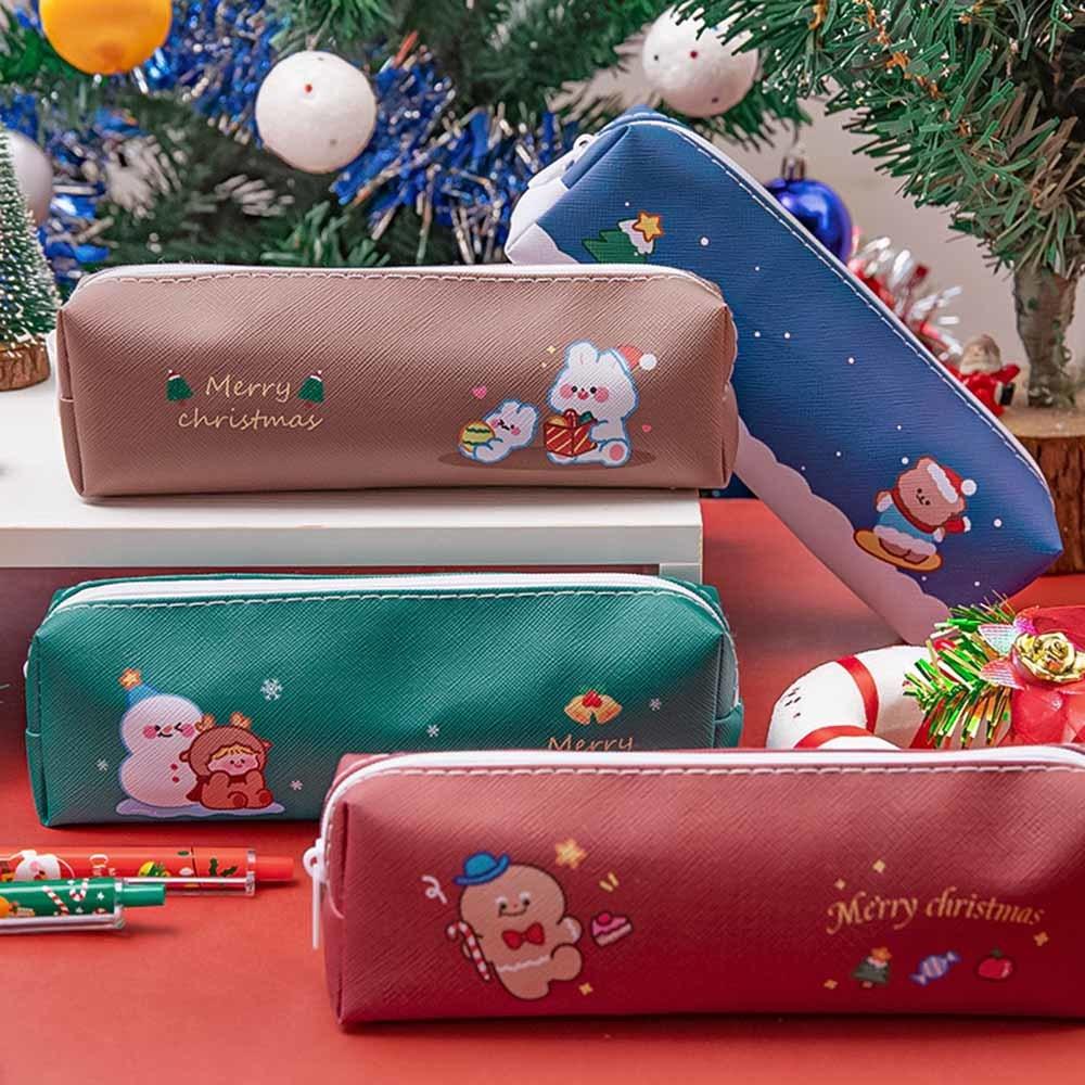 1 Piece Cute Cartoon Christmas Pencil Case Bag Key Chain Pu Large Capacity Coin Wallet Case Pouch Bag School Supplies Gift